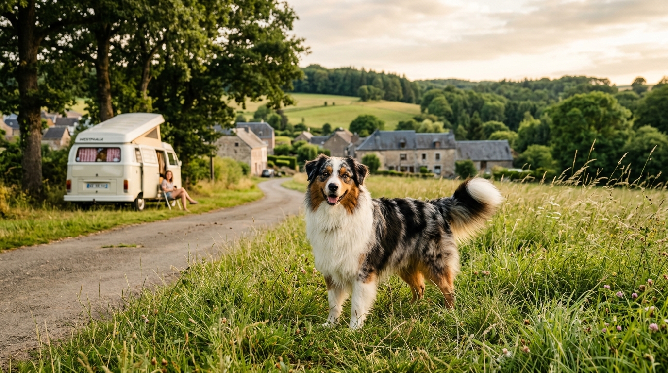 Un berger australien apercu au milieu d un champ verdoyant dans les Ardennes