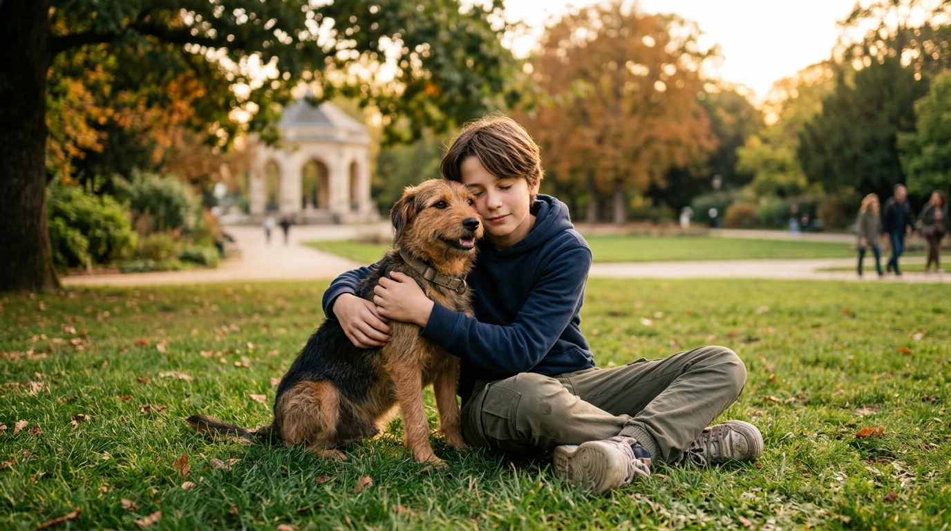 Un adolescent de 14 ans enlace tendrement son chien dans un parc verdoyant.