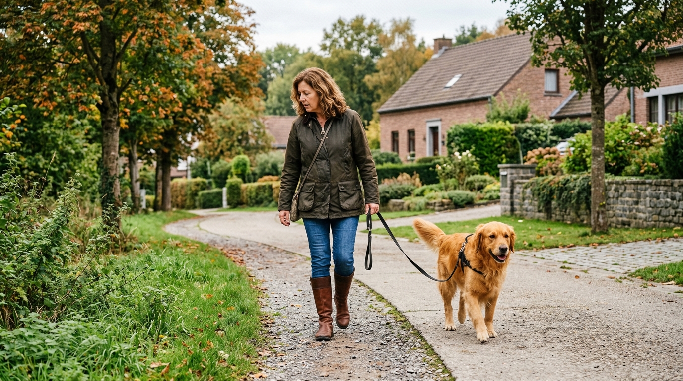 Un chien tenu en laisse lors d'une promenade prudente dans un parc.