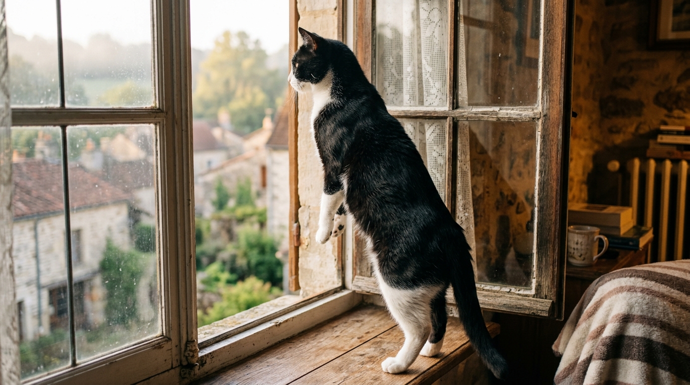 Un chat tuxedo musclé debout sur ses pattes arrière observant à travers une fenêtre.