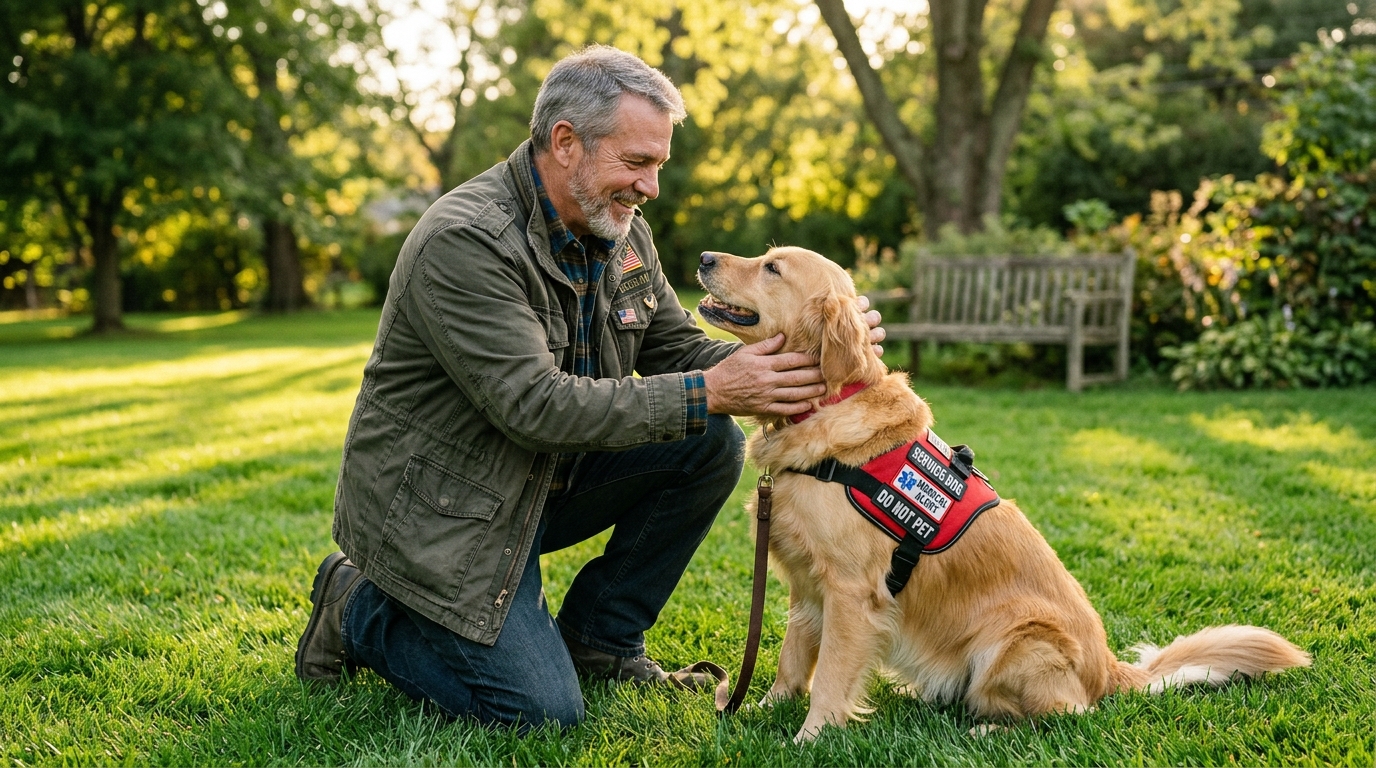 Un ancien militaire américain caressant chaleureusement son chien d'assistance.