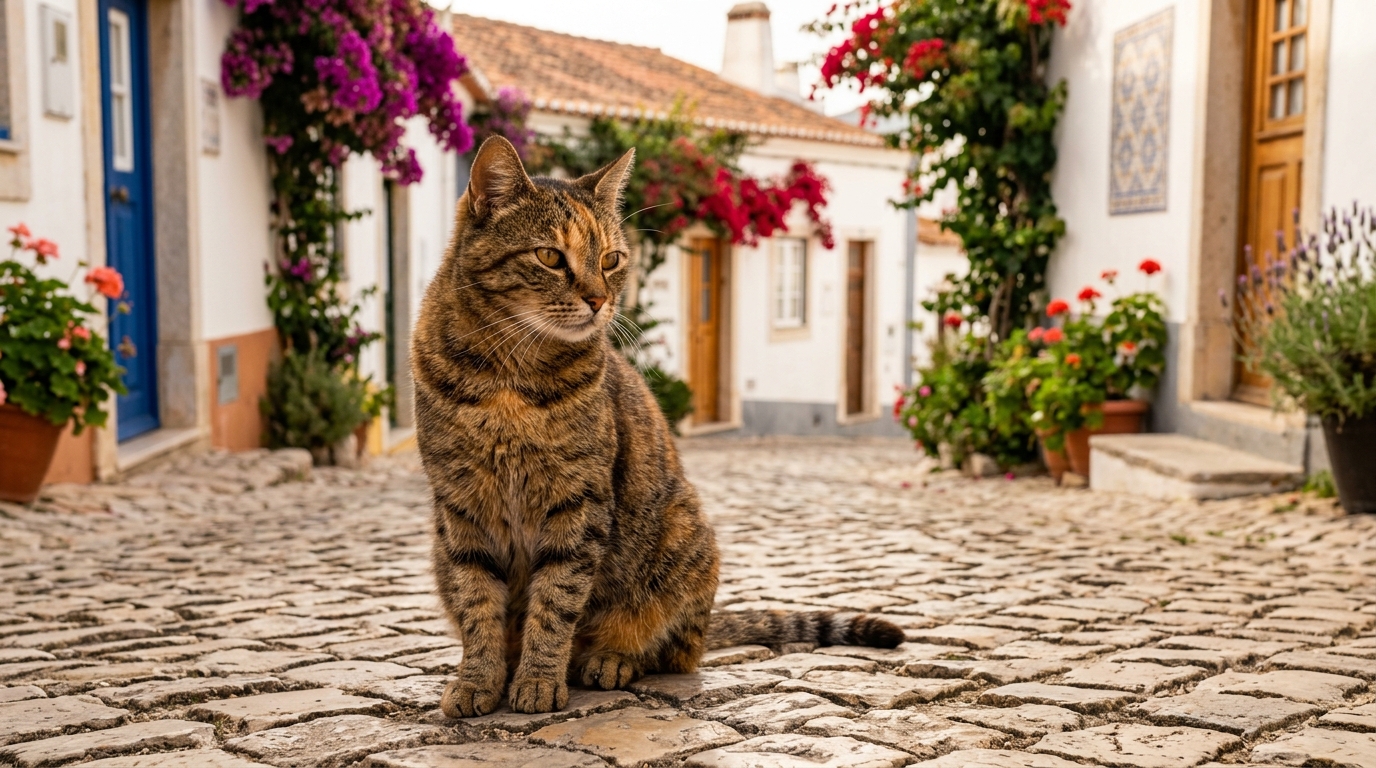 Un chat errant tigré assis sur les pavés d'un village de l'Algarve au Portugal