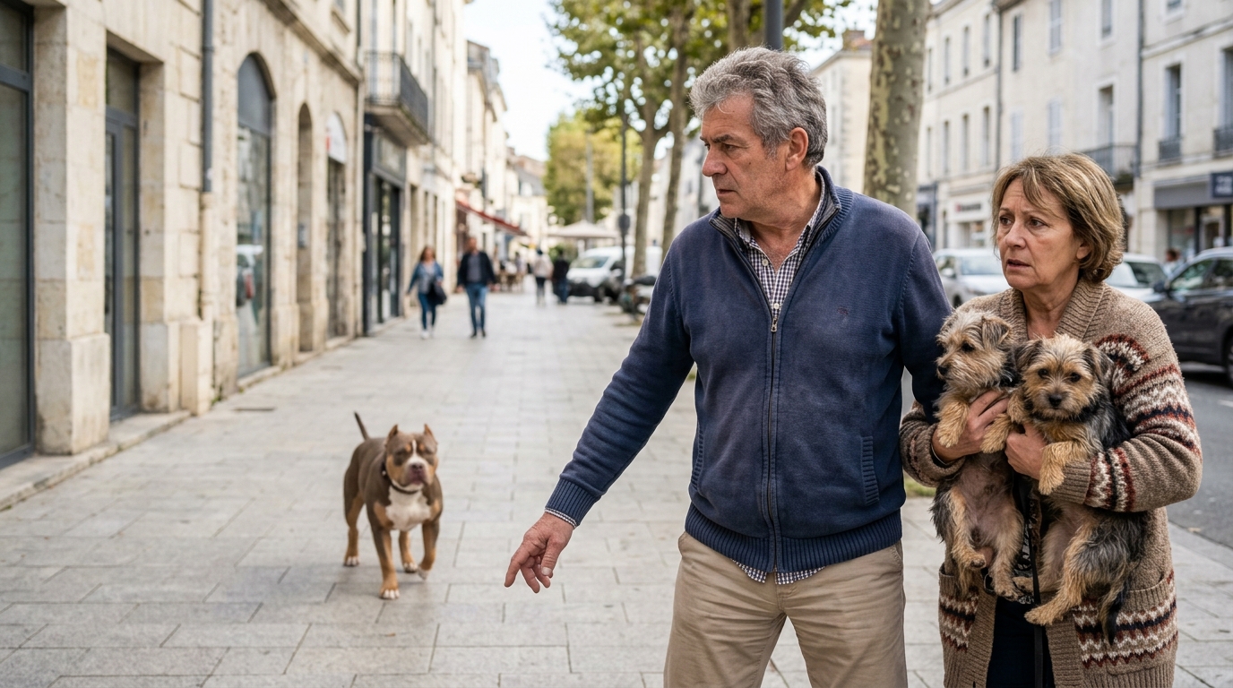 Un homme retraité protégeant sa femme et ses petits chiens dans une rue de Tarbes
