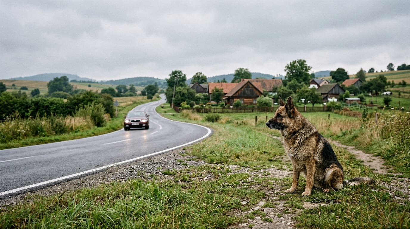 Un Berger Allemand assis au bord d'une route rurale en Pologne observant une voiture au loin.