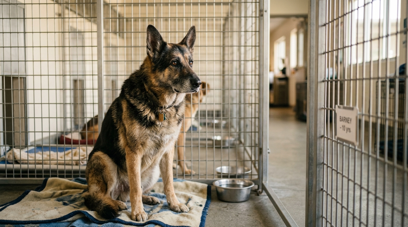 Un berger allemand senior assis sereinement dans un box de refuge