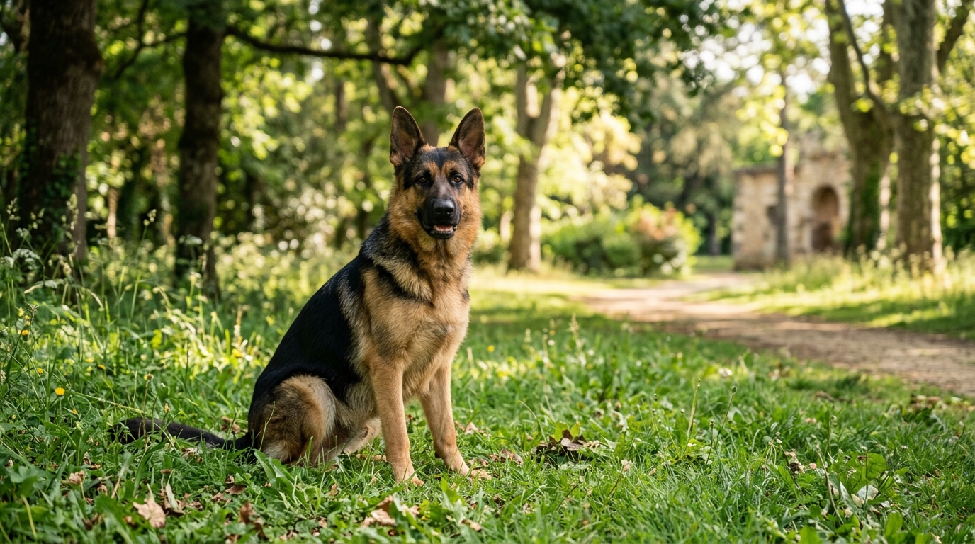Un berger allemand assis paisiblement dans un parc à Mont-de-Marsan.