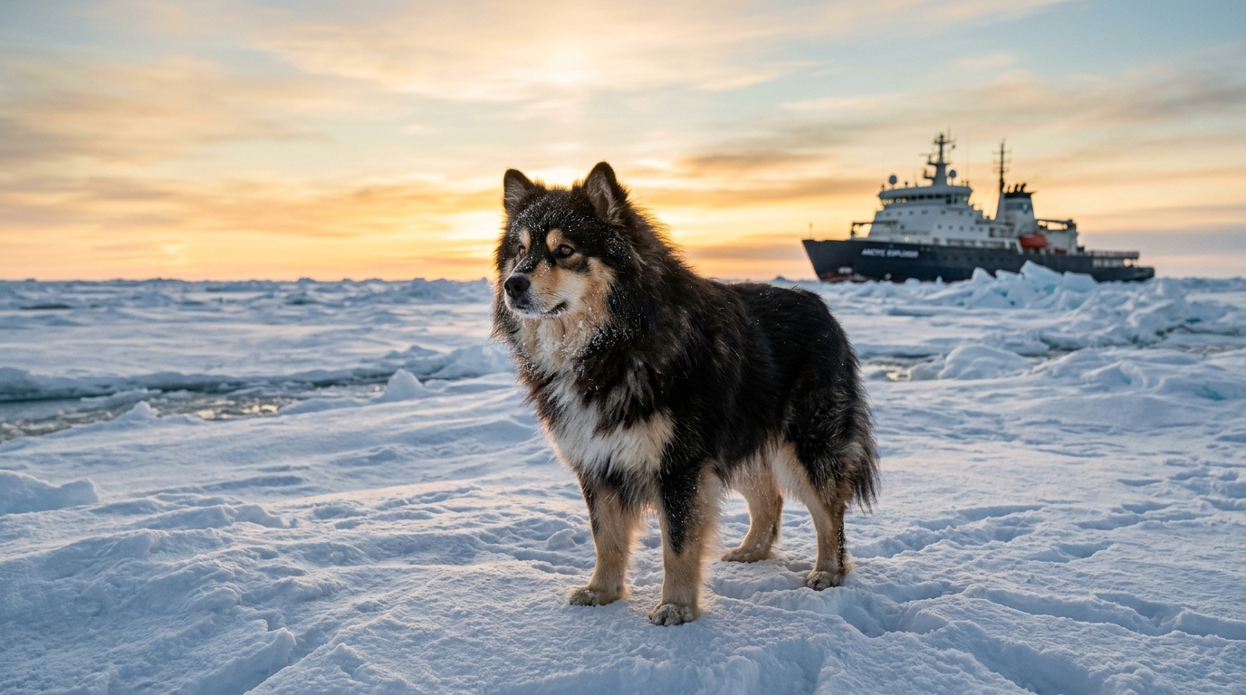 Un berger finlandais debout sur la banquise enneigée de l'Arctique près d'un navire polaire.