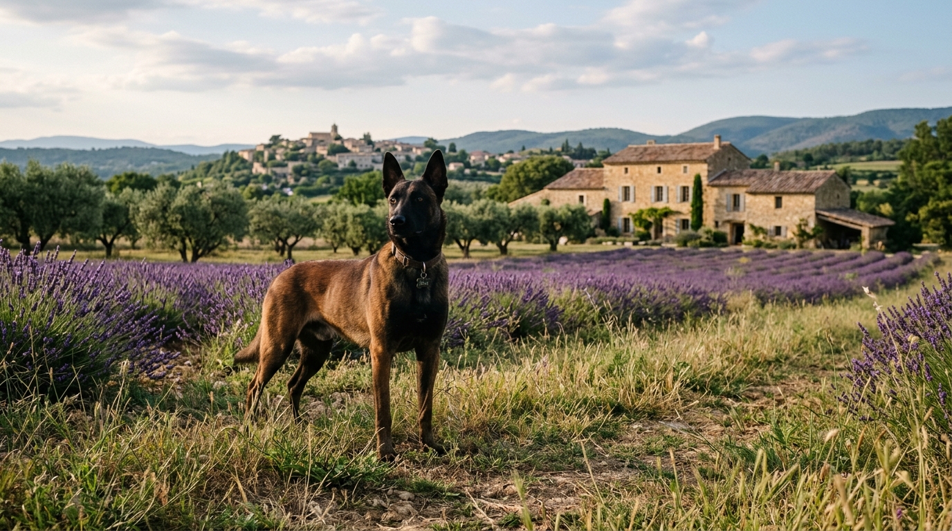 Un berger malinois debout dans un champ en Provence sous un soleil doux.