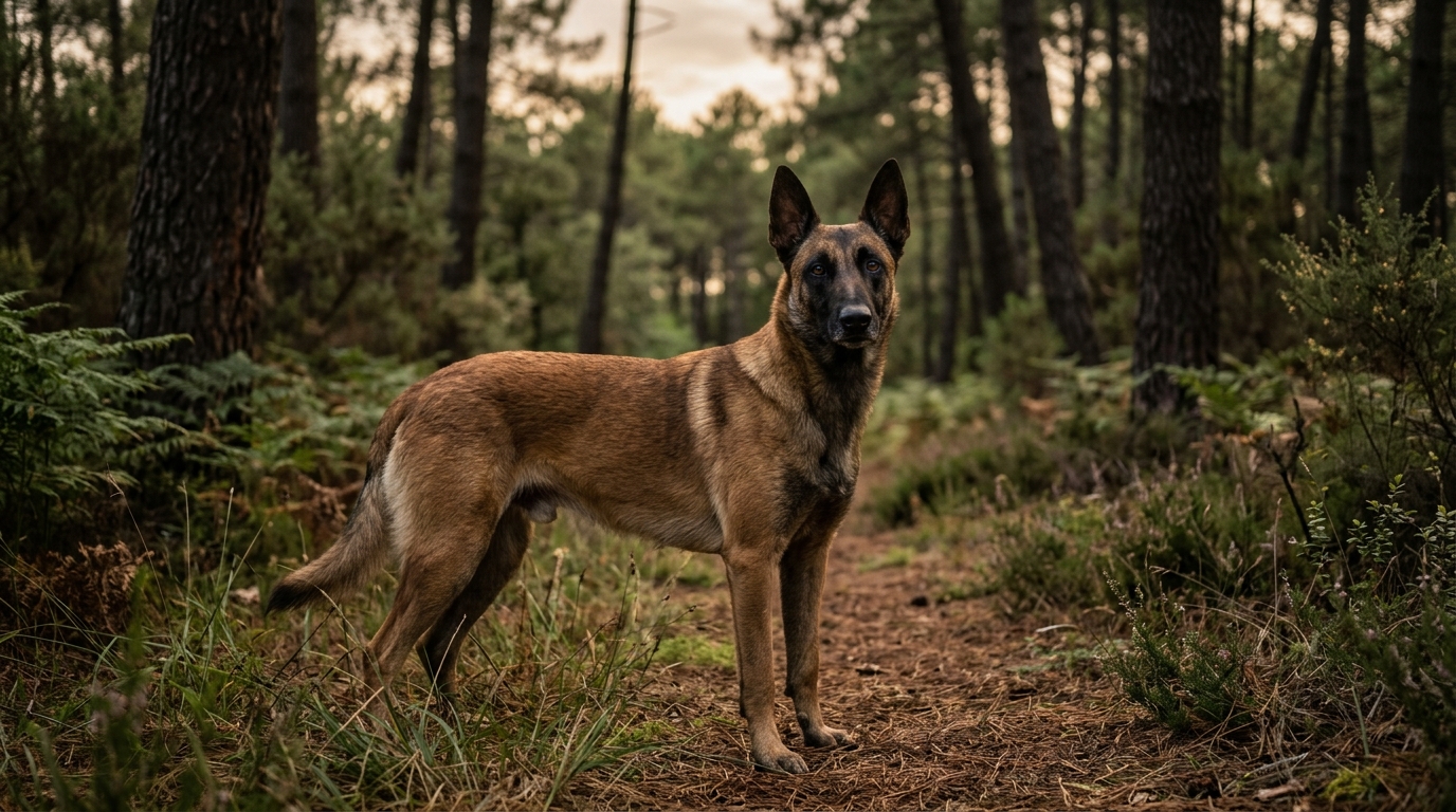 Un berger malinois debout dans un cadre verdoyant dans les Landes