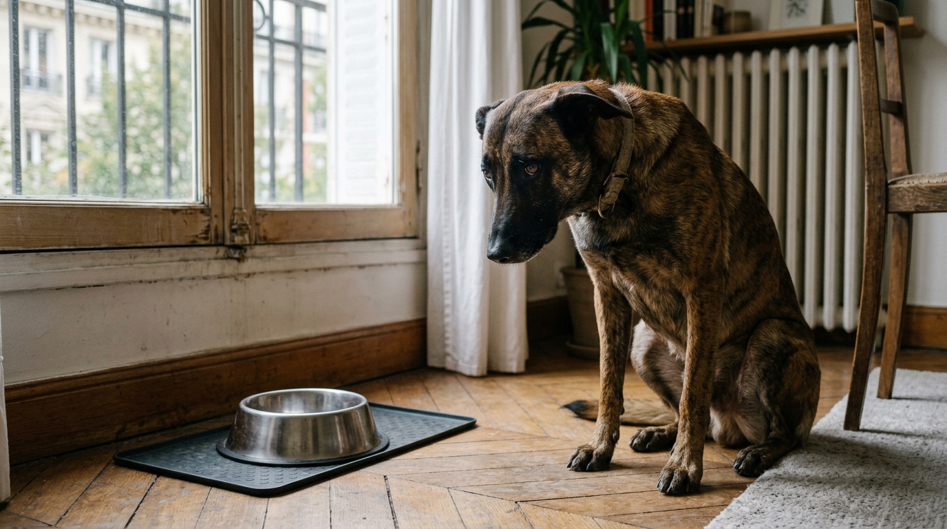 Un berger malinois assis à côté de sa gamelle dans un appartement