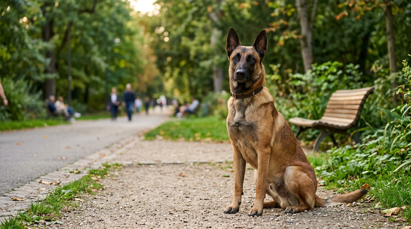 Un berger malinois assis sereinement dans un parc public à Vitry-sur-Seine.