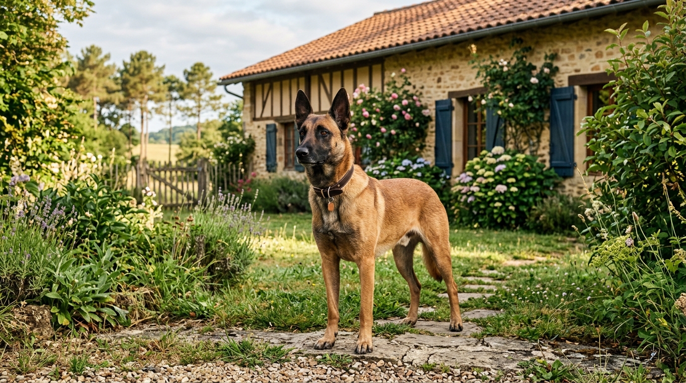 Un berger malinois attentif dans le jardin d'une maison rurale