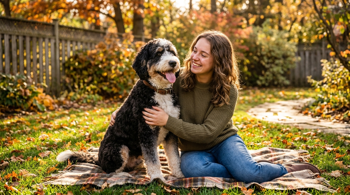 Un chien Bernedoodle assis joyeusement aux côtés de sa maîtresse dans un jardin.