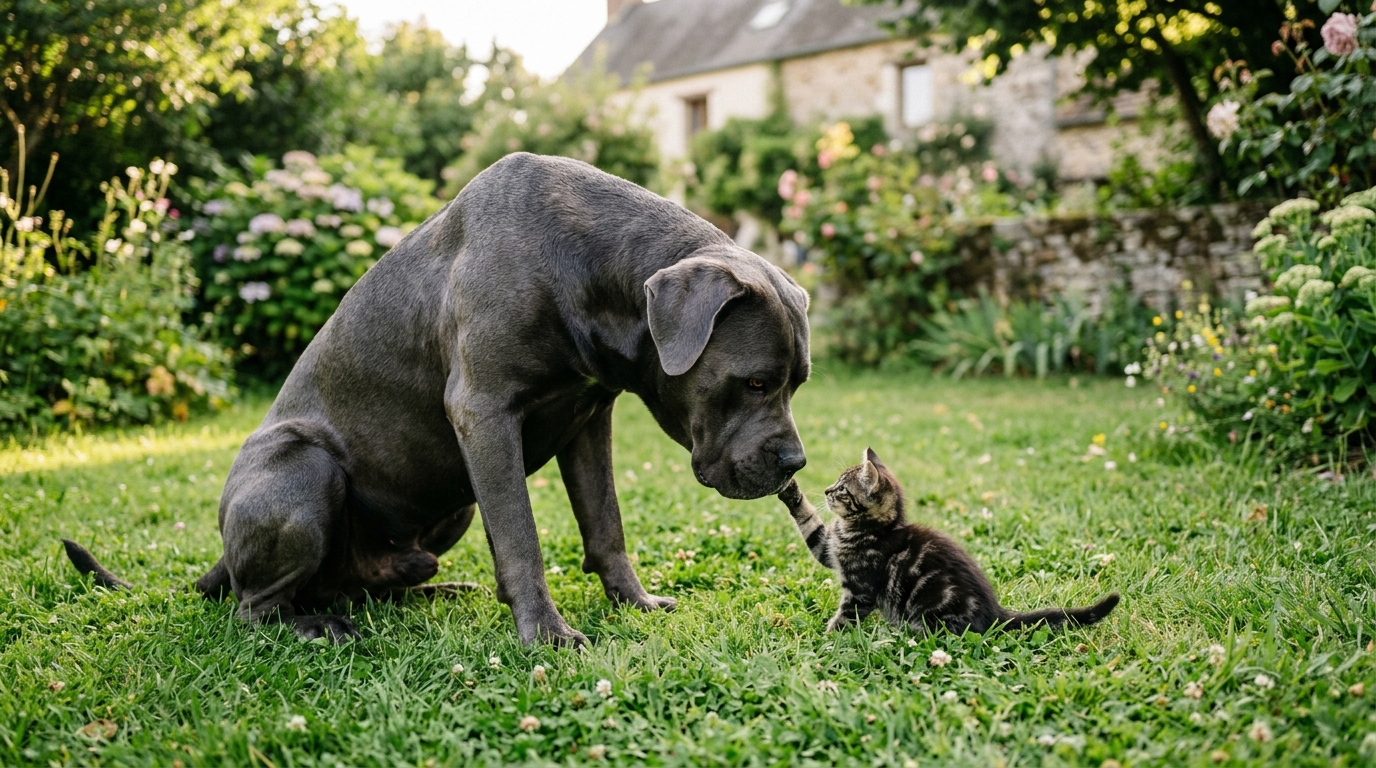Un Cane Corso imposant assis dans un jardin aux côtés d'un petit chaton