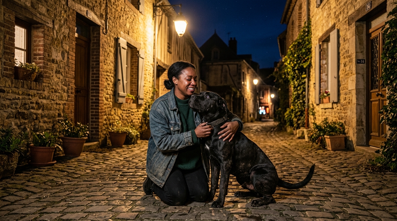Un jeune chien Cane Corso noir dans une ruelle de village auprès de sa maîtresse