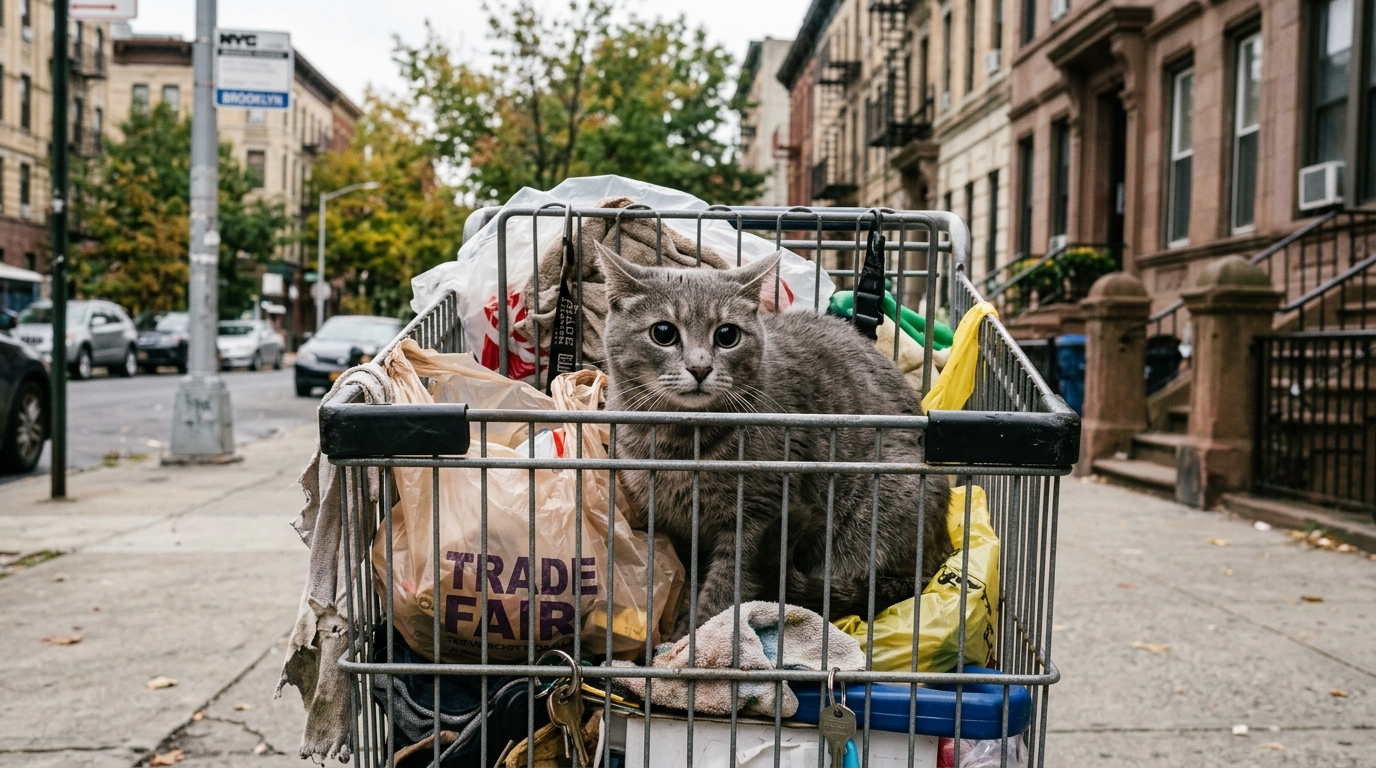 Un chat gris au regard inquiet aperçu dans un chariot de courses à Brooklyn.