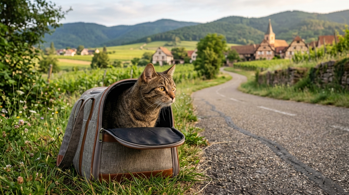 Un chat calme aperçu dans un sac de transport près d'une piste cyclable en Alsace.