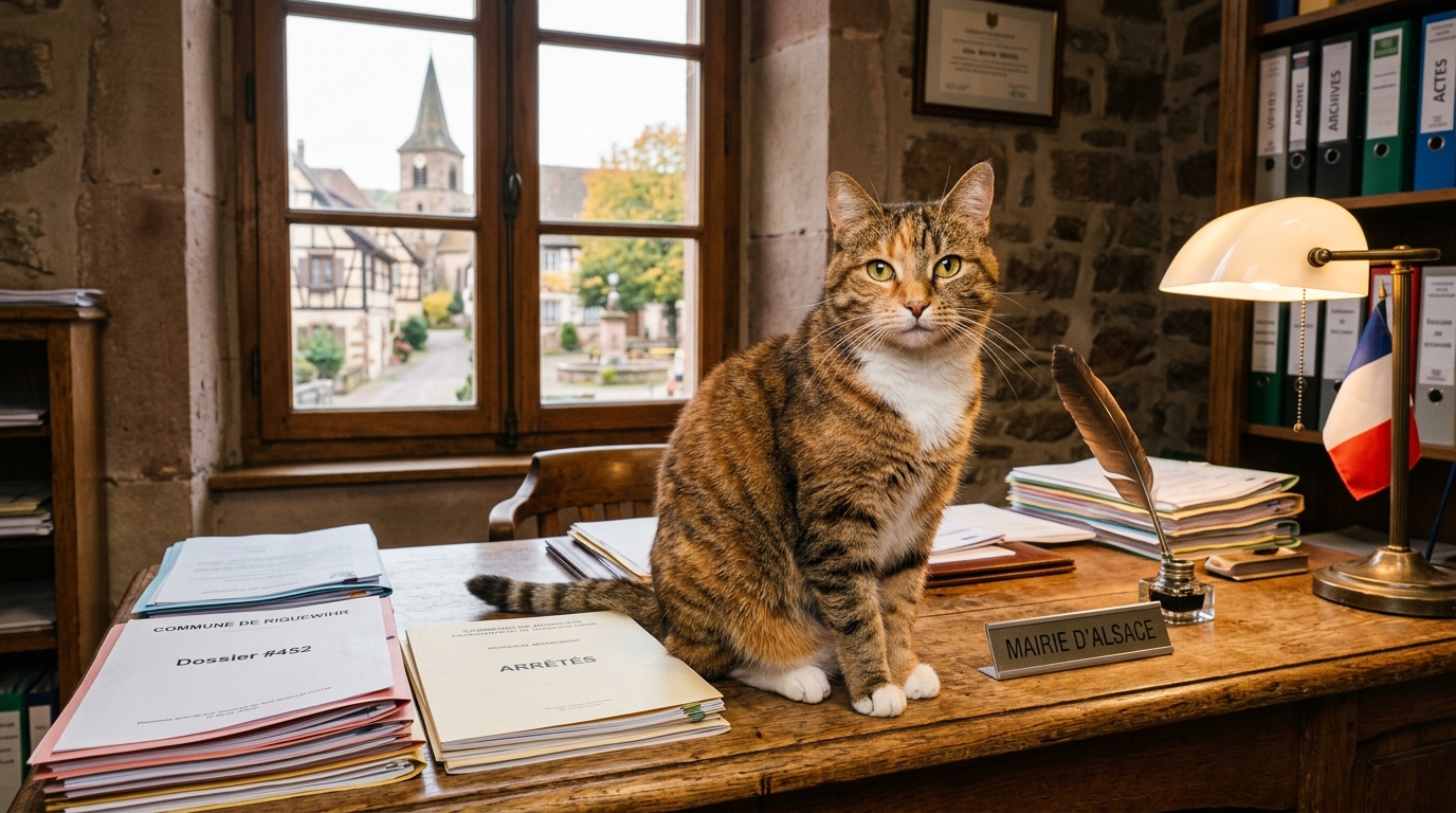 Un chat de sept ans installé confortablement dans un bureau de mairie