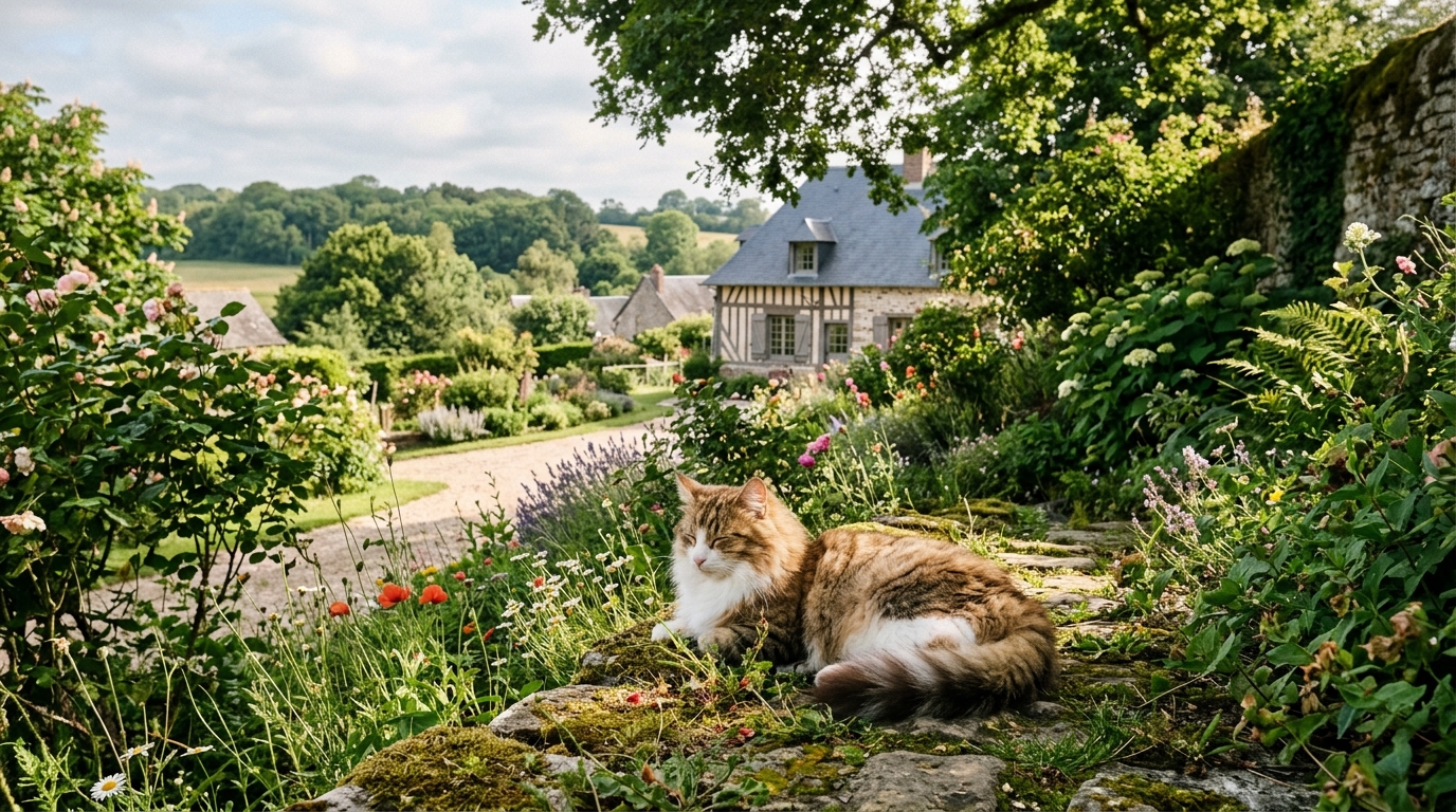 Un chat norvégien roux et blanc assis paisiblement dans un jardin normand