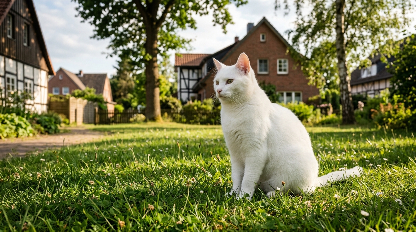 Un chat blanc au pelage immaculé assis dans la pelouse d'un jardin verdoyant en Allemagne