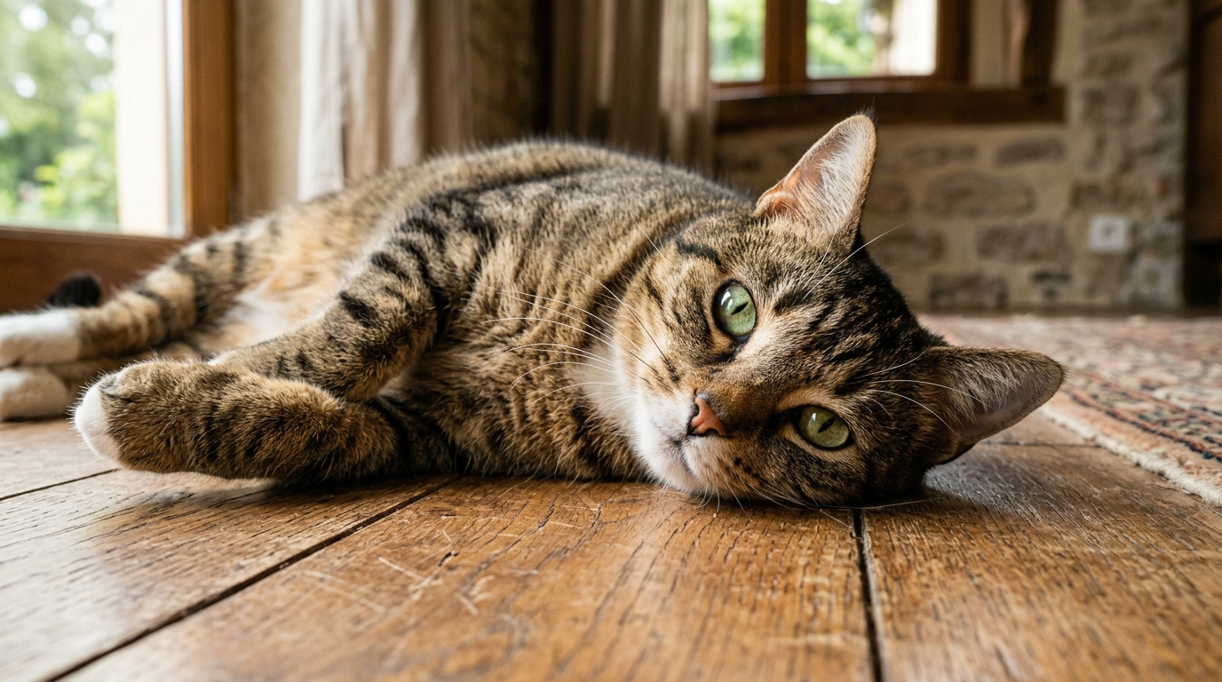 Un jeune chat tigré couché près d'une fenêtre dans une maison normande