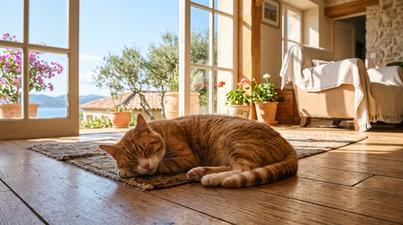 Un chat domestique serein se reposant au calme dans un salon lumineux à Six-Fours-les-Plages