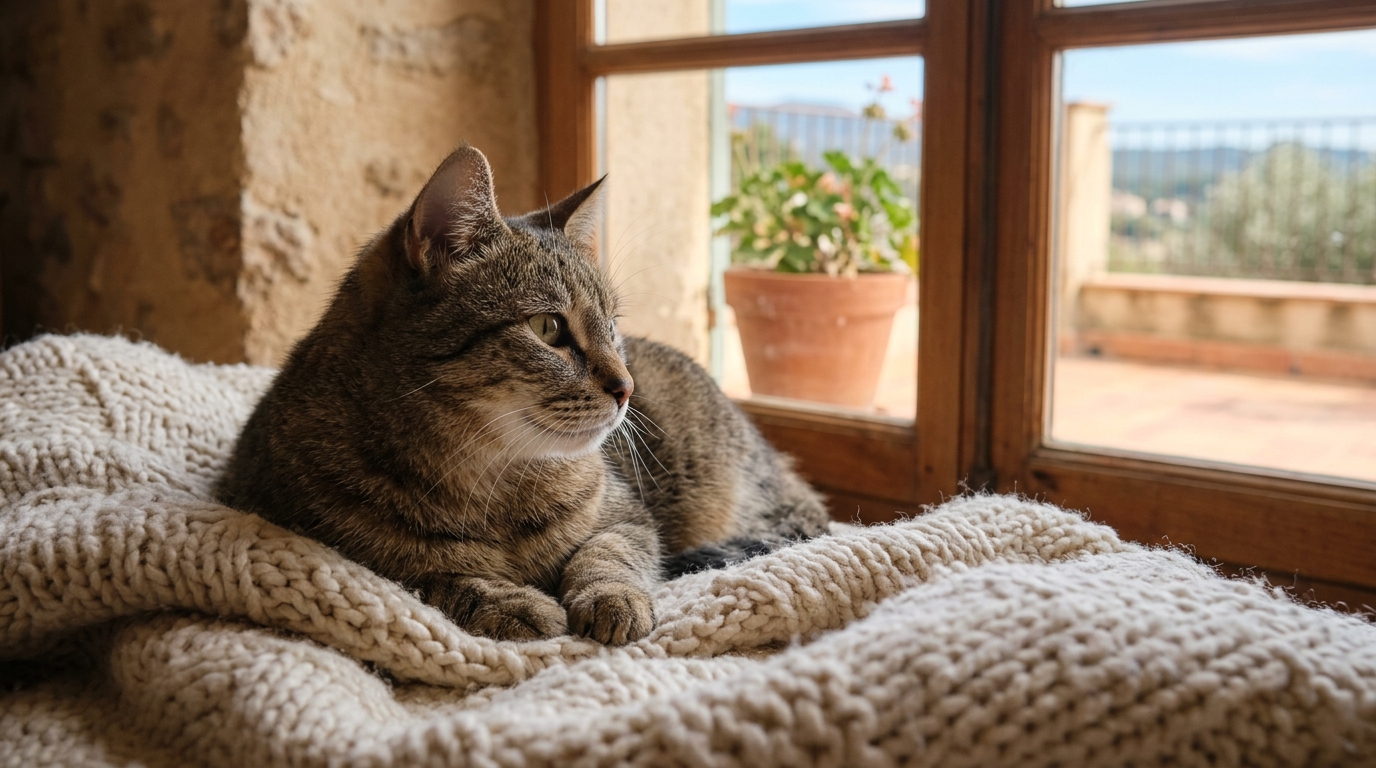 Un chat domestique se reposant calmement sur un coussin