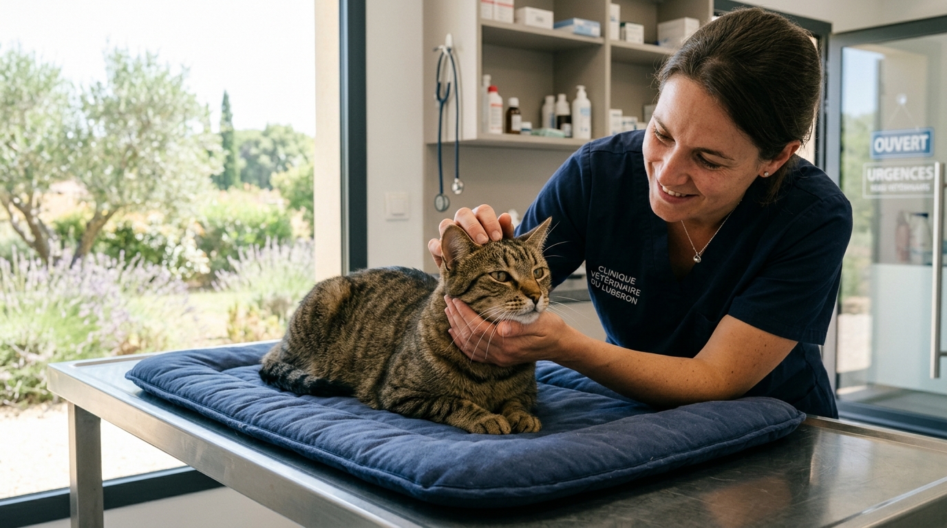 Un chat tigré recevant des soins bienveillants dans une clinique vétérinaire en France