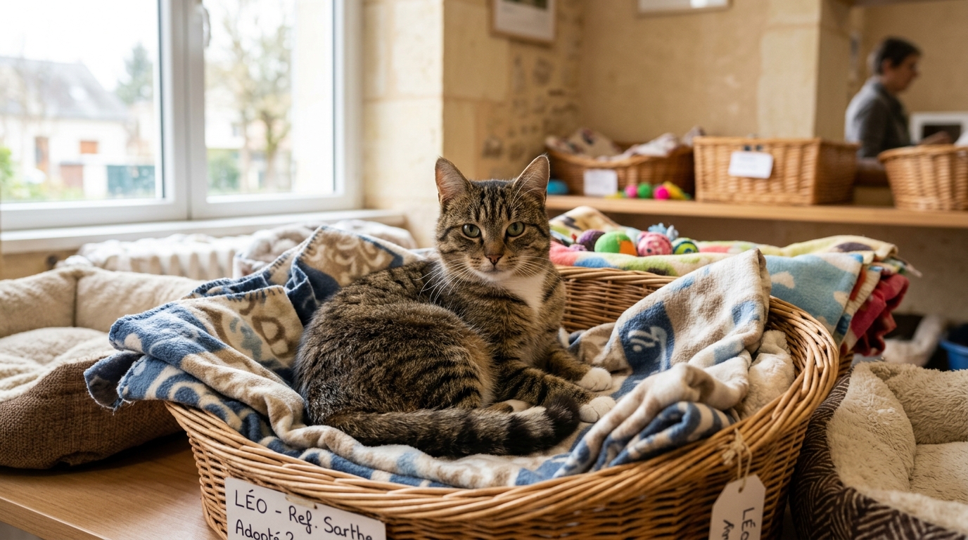 Un chat tigré assis calmement dans un refuge chaleureux en Sarthe