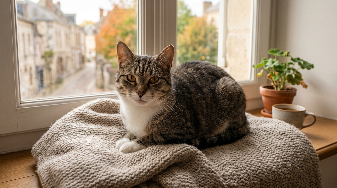 Un jeune chat européen regardant sereinement à travers une fenêtre baignée de lumière.