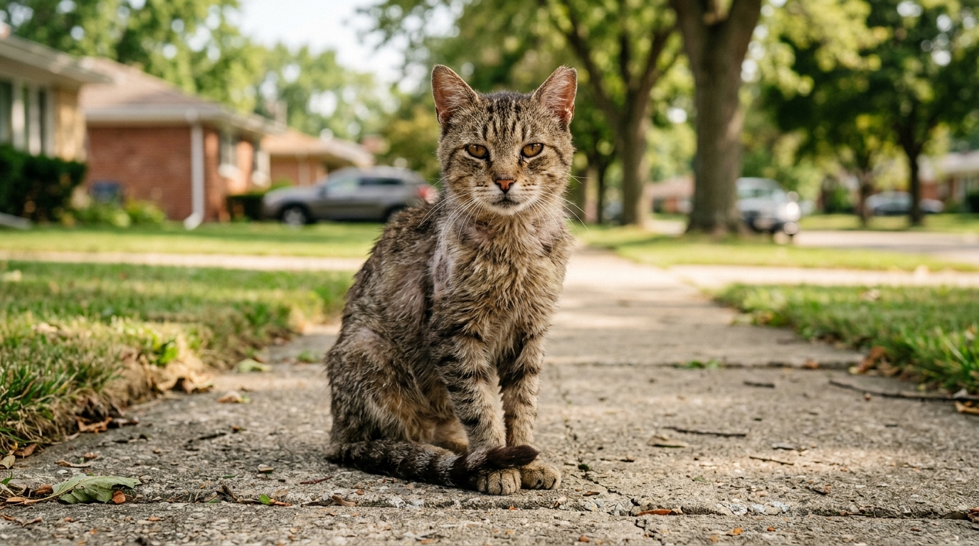 Un chat tigré affaibli assis sur un trottoir, attendant du secours.