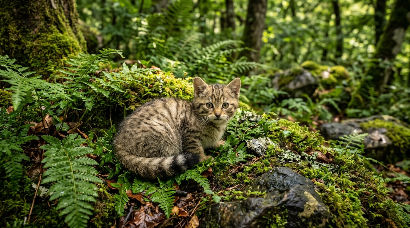 Un jeune chat forestier d'Europe blotti au milieu de la végétation dans une forêt.