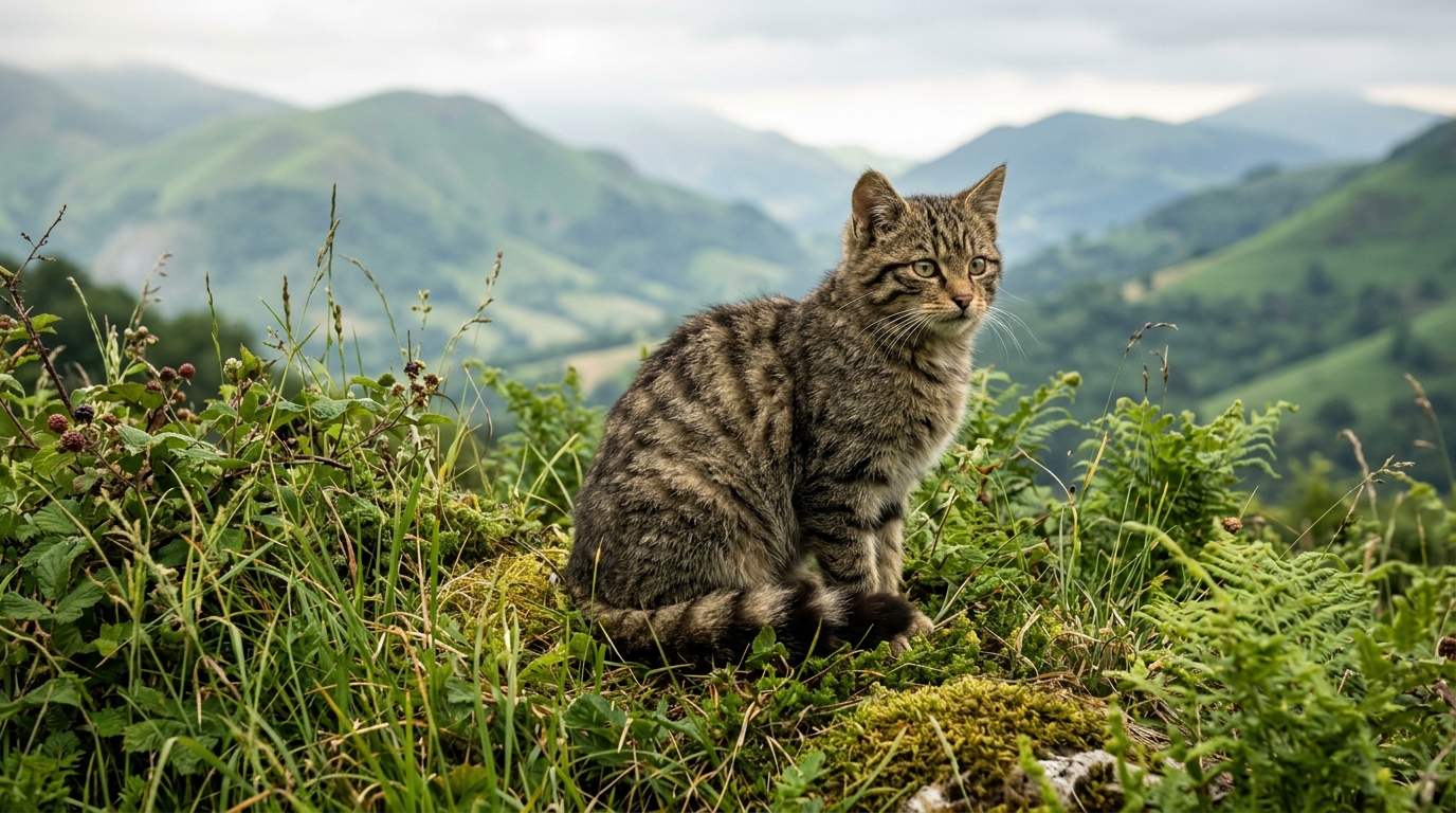 Un jeune chat forestier sauvage au pelage tigré dans un environnement naturel du Pays basque.