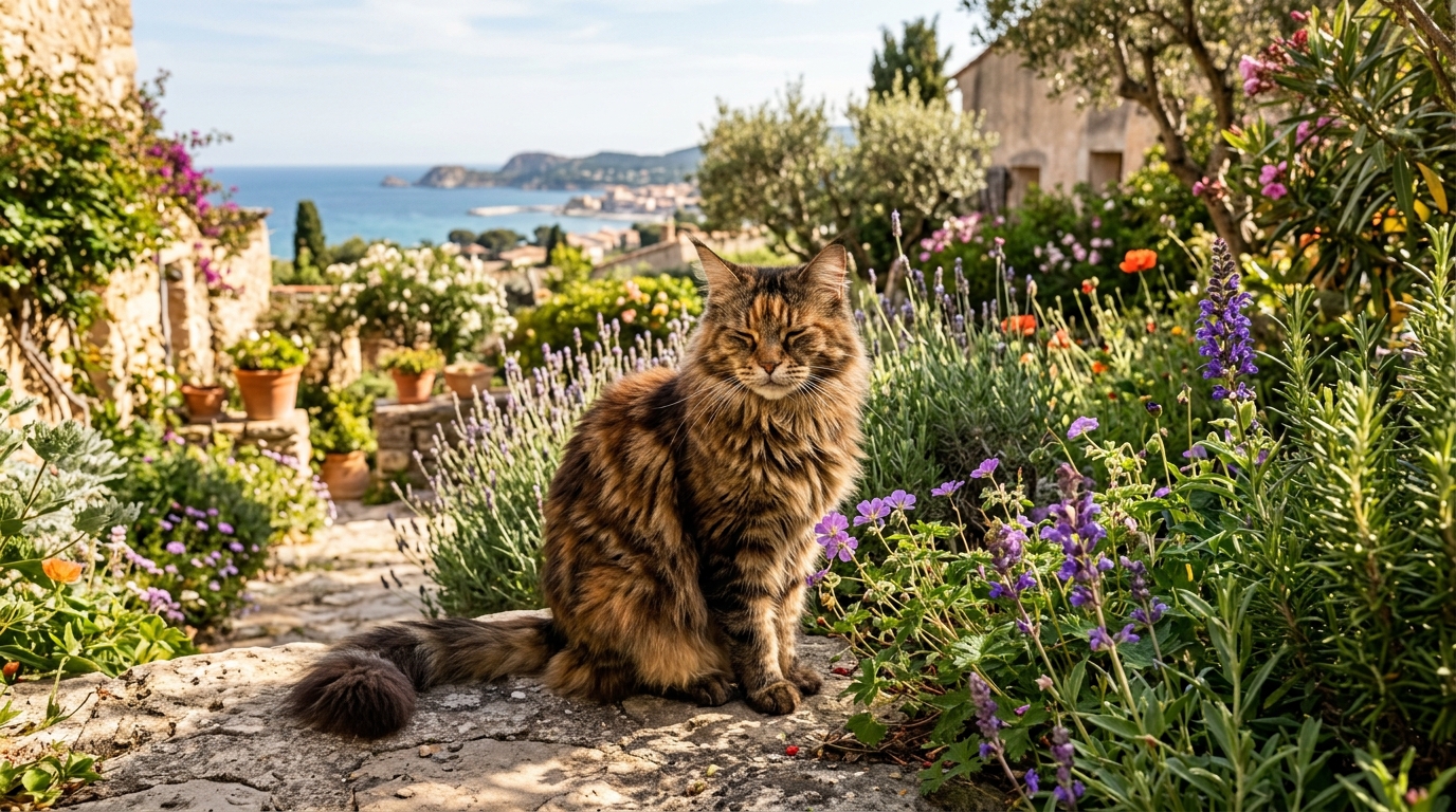 Un chat Maine Coon au pelage tigré assis paisiblement dans un jardin en France