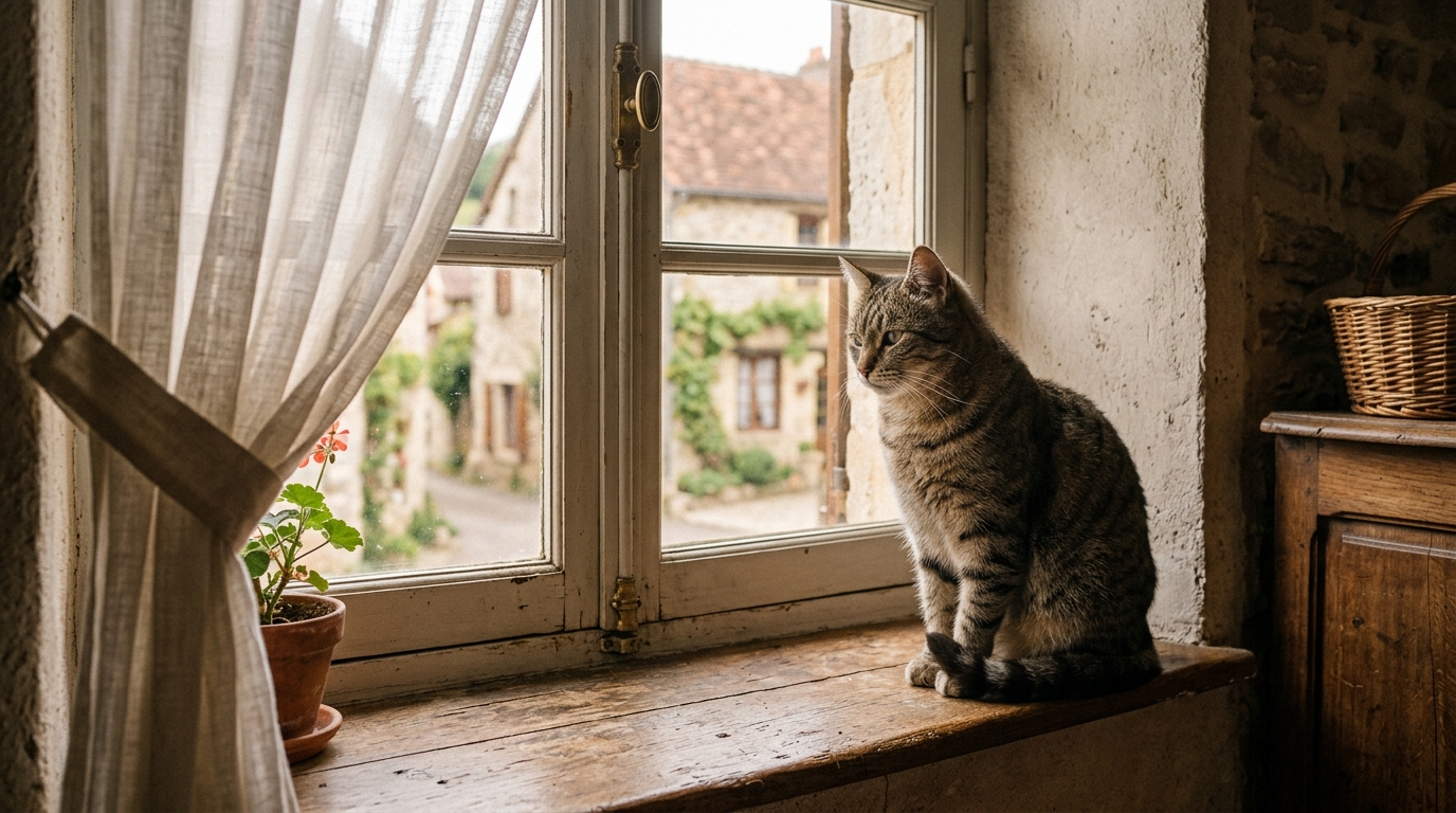 Un chat domestique observant l'extérieur depuis la fenêtre d'une maison de village en France