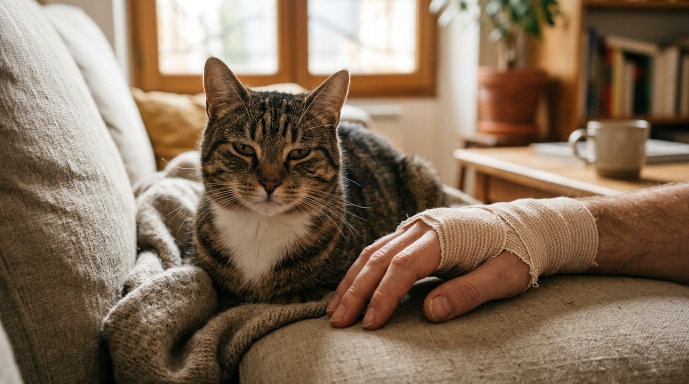 Un chat assis calmement sur un canapé près d'une personne ayant un bandage à la main.
