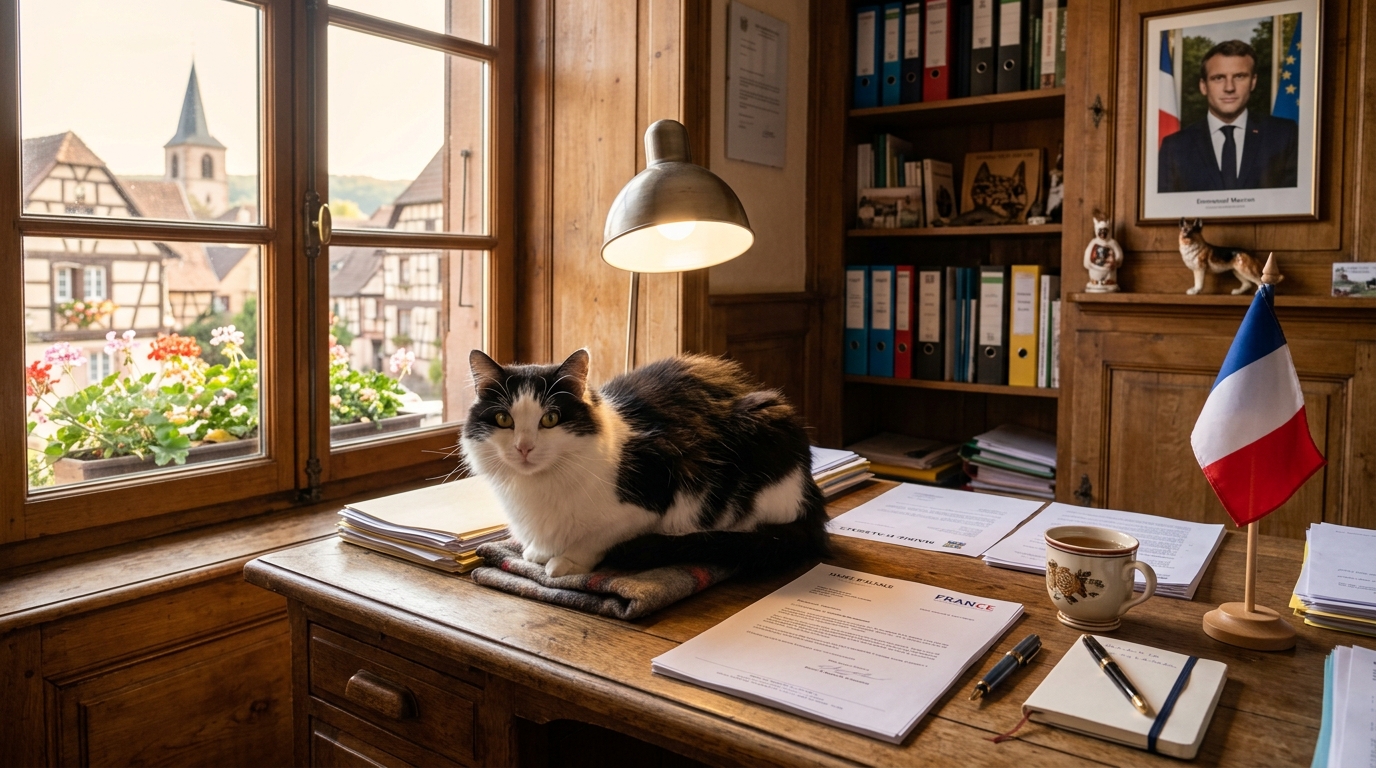 Chat noir et blanc assis paisiblement dans un bureau municipal en Alsace