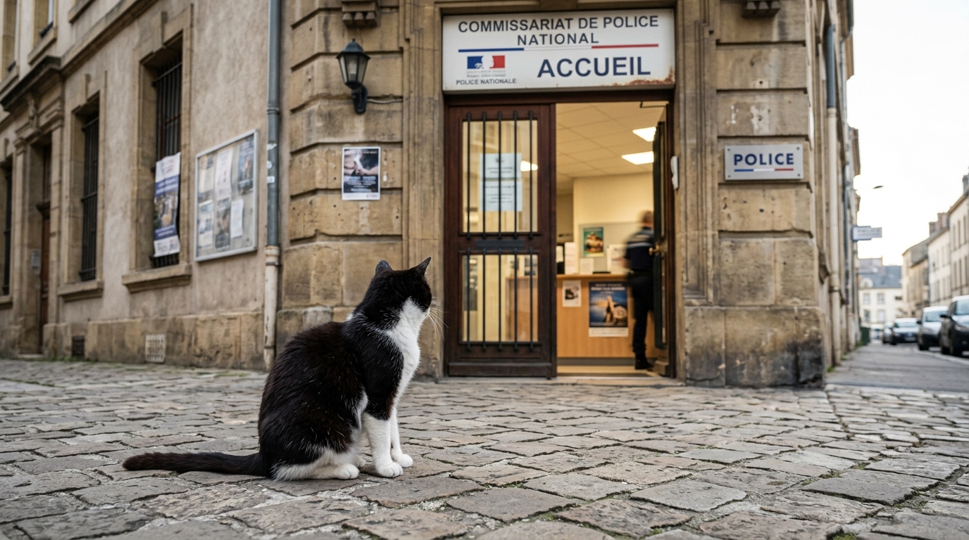 Un chat noir et blanc assis devant la porte d'un commissariat de police français