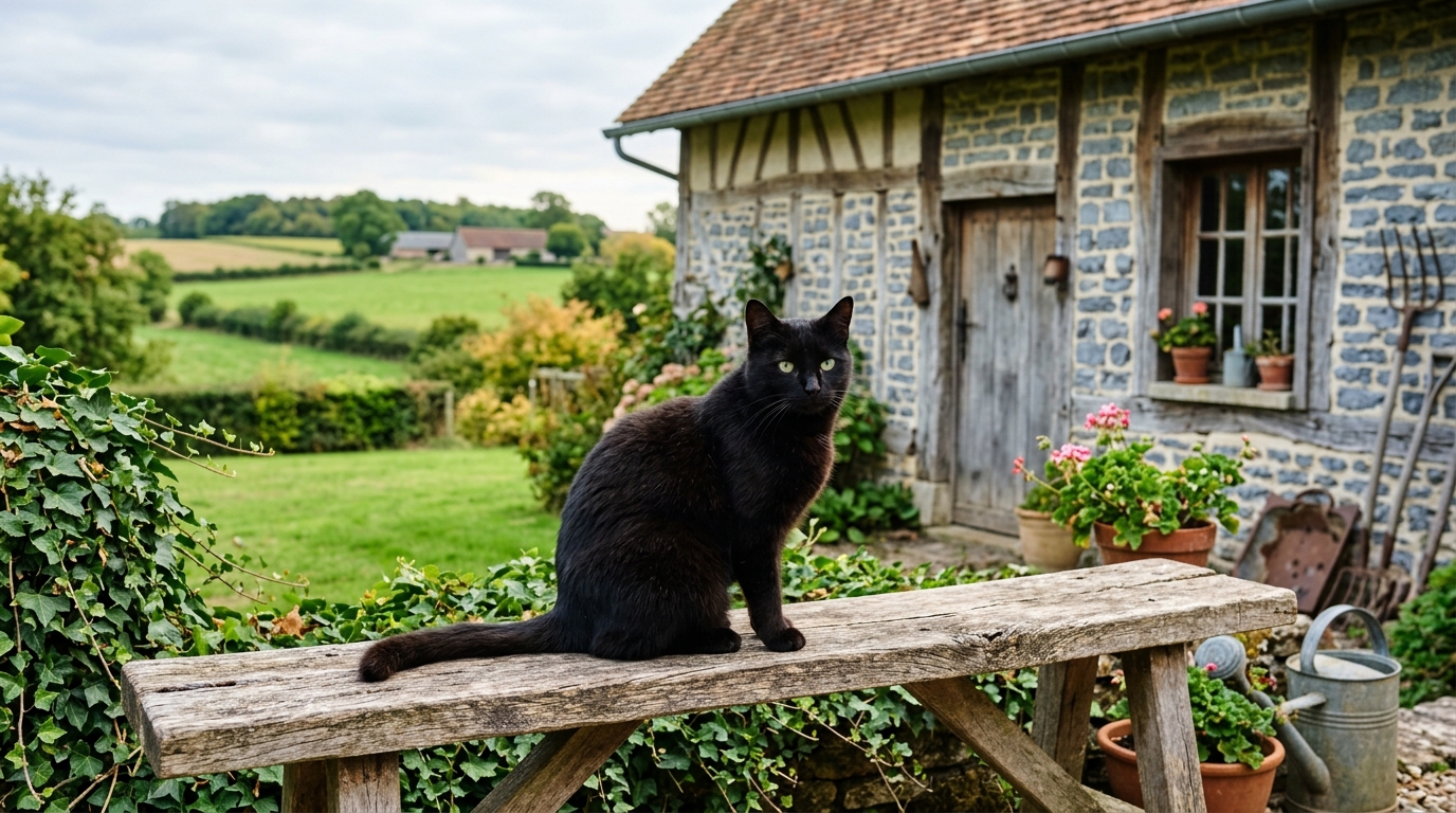 Un chat noir assit près d'une grange rurale dans la Somme