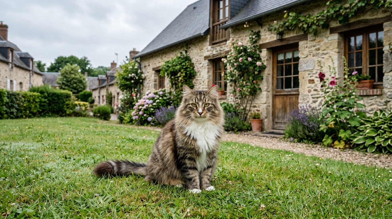Un chat norvégien assis sereinement dans l'herbe d'un jardin normand.