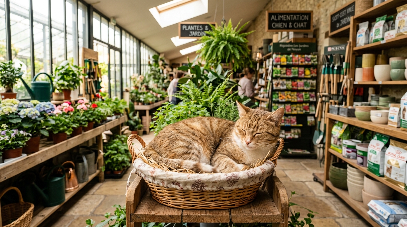 Un chat calme et touchant posé doucement dans un espace d'accueil à Noyon.