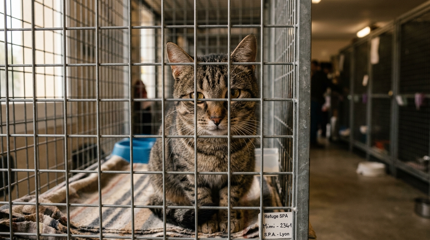 Un chat tigré attend dans sa cage dans un refuge animalier en France.