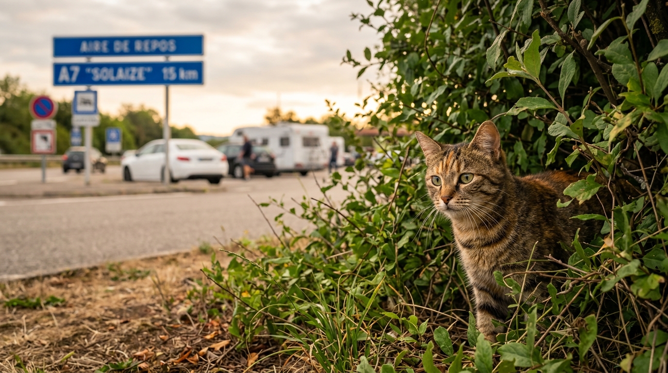 Un chat domestique observant depuis le bord d'une aire de repos d'autoroute