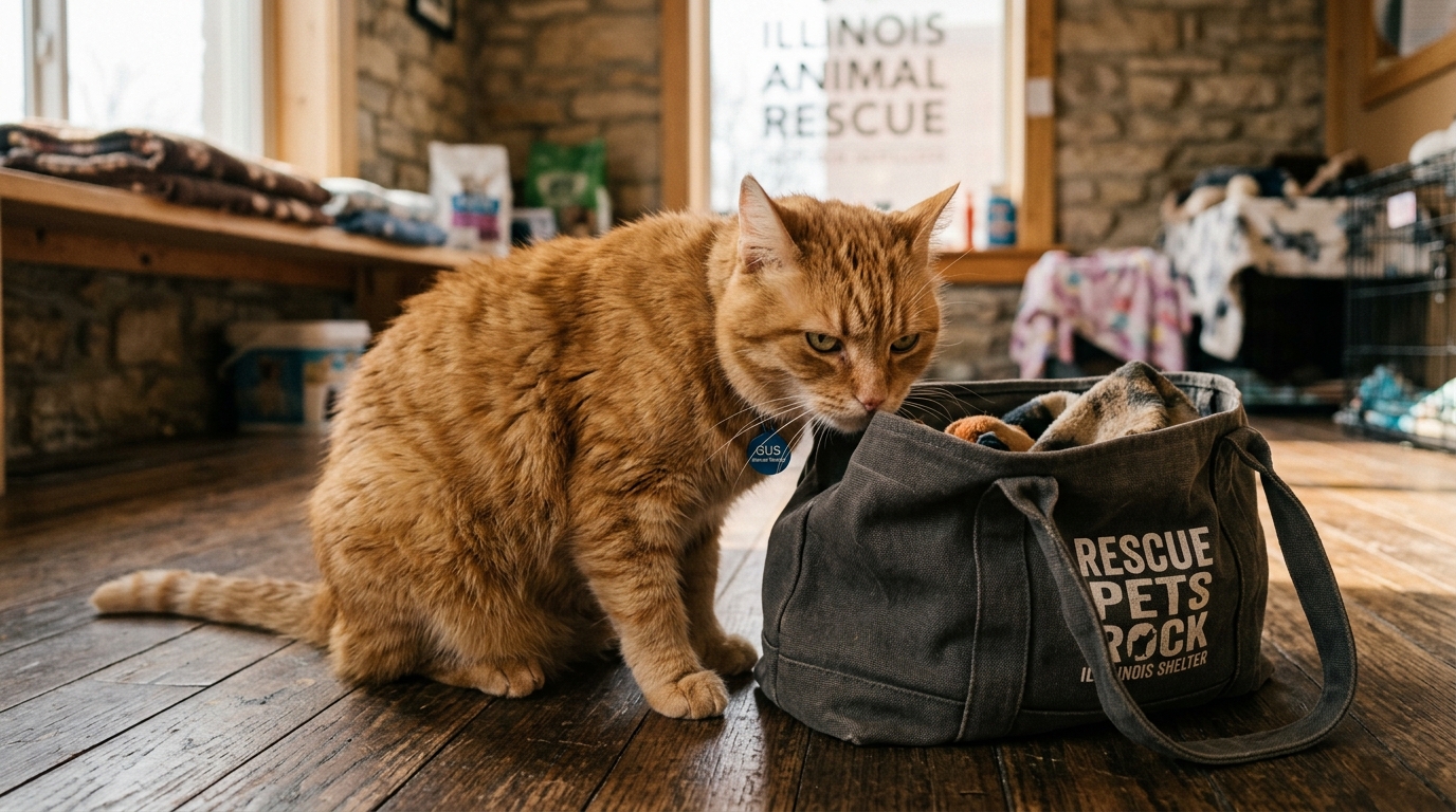 Un chat roux à l'air boudeur assis près d'un sac dans un refuge