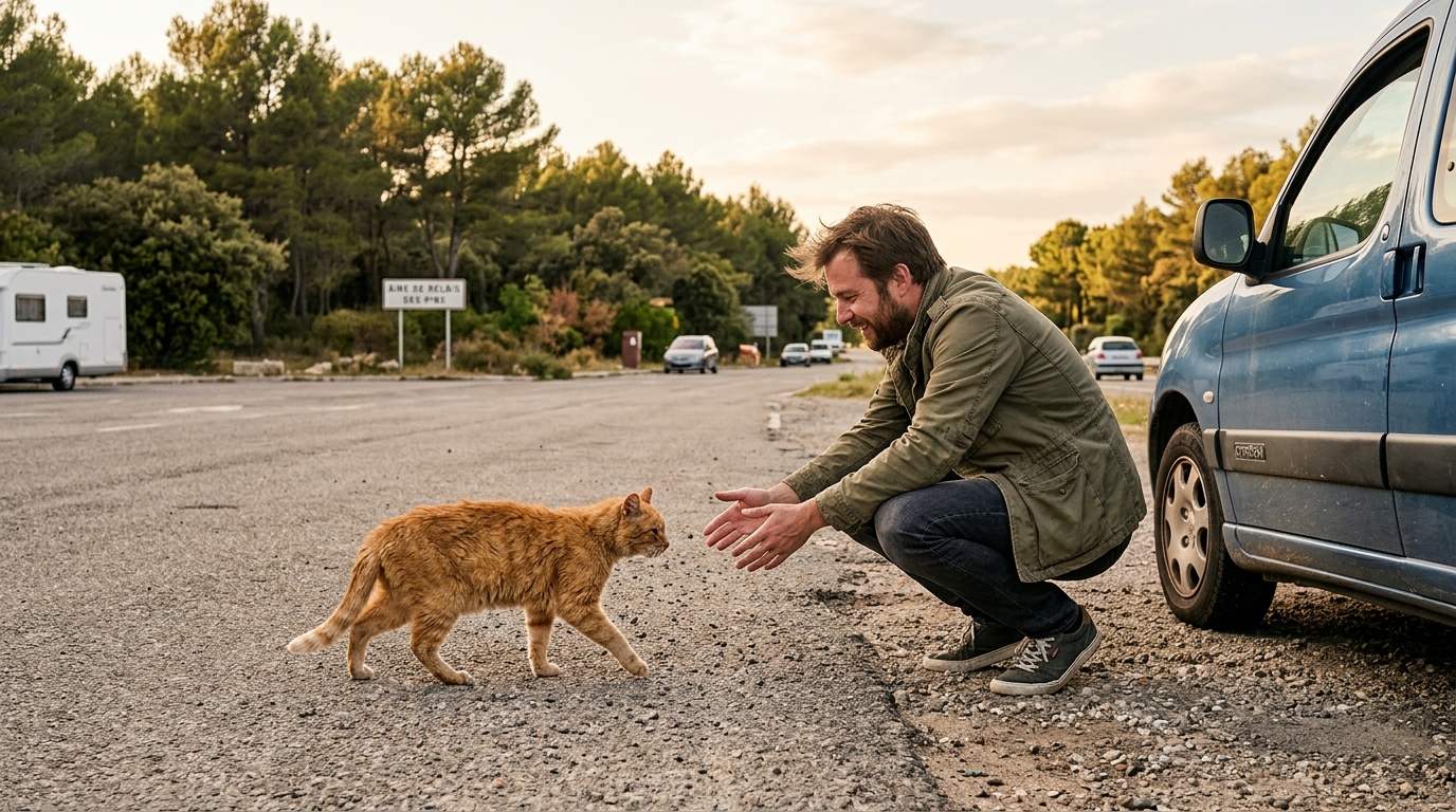 Un homme s'agenouille pour retrouver son chat roux senior près de sa voiture.