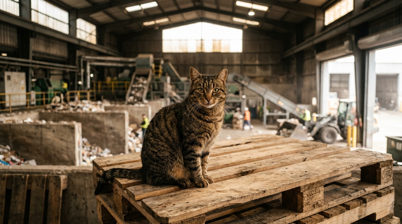 Un chat tigré aperçu en sécurité dans un centre de tri de déchets