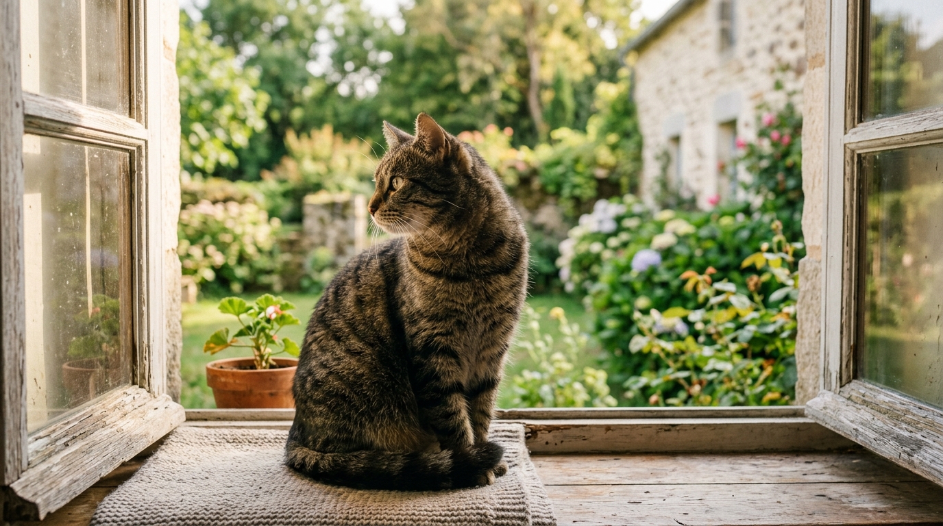 Un chat tigré réconforté au doux soleil de fin de journée en Loire-Atlantique