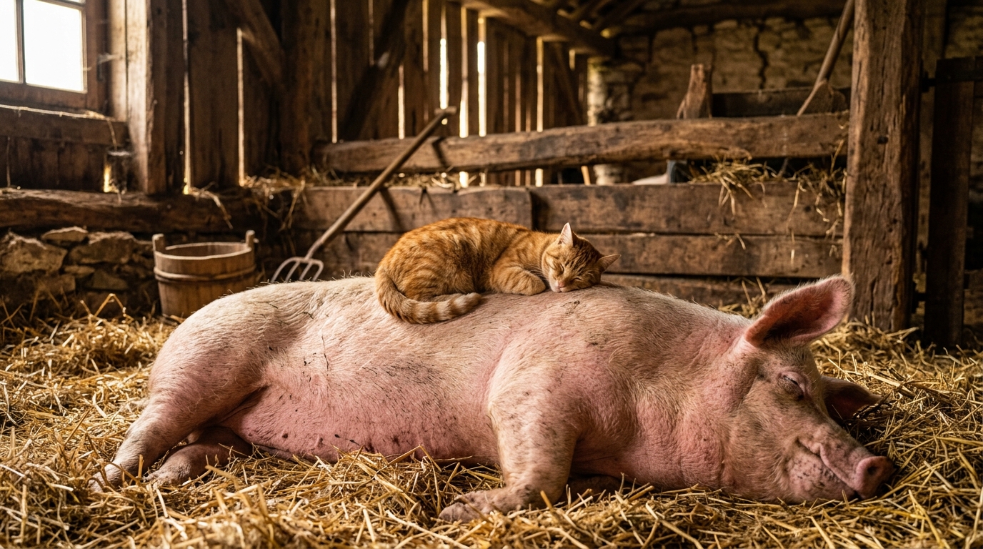 Une chatte rousse installée confortablement sur le dos d'une truie dans une grange de ferme.