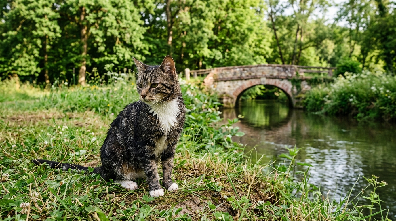Un chat noir et blanc récupéré au bord d'une rivière en Normandie