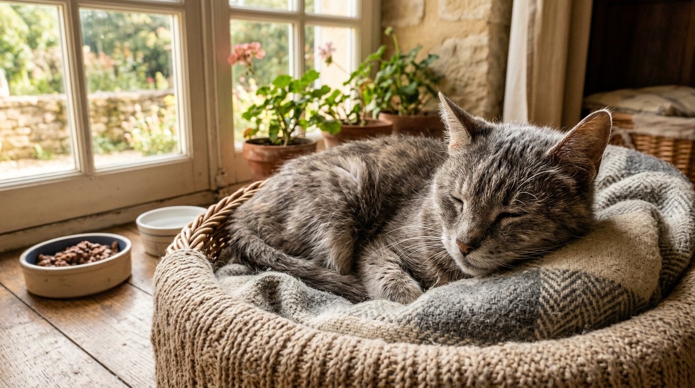 Un vieux chat apaisé reposant dans un panier douillet
